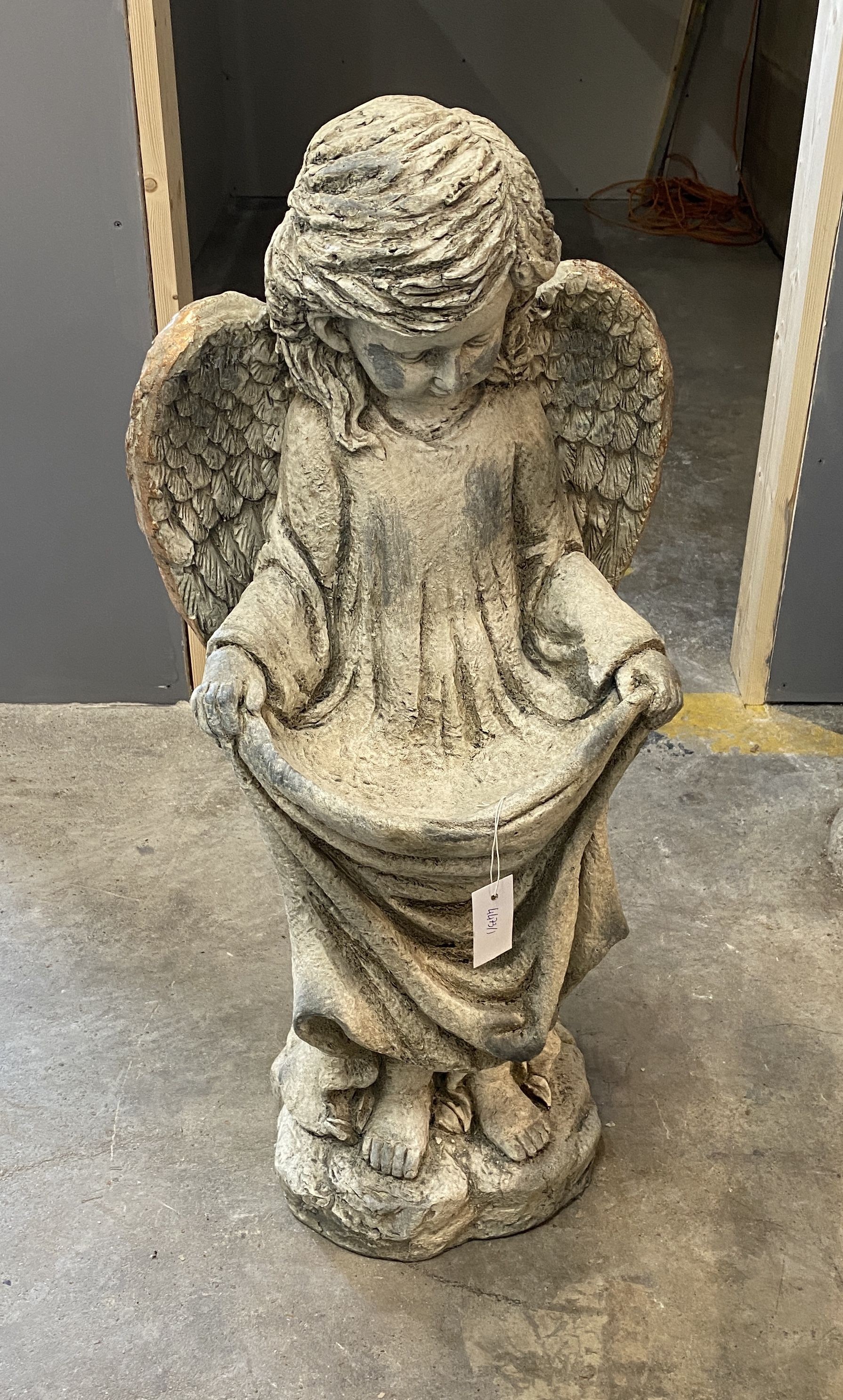 A fibre clay parcel gilt 'Angel' garden birdbath, height 92cm